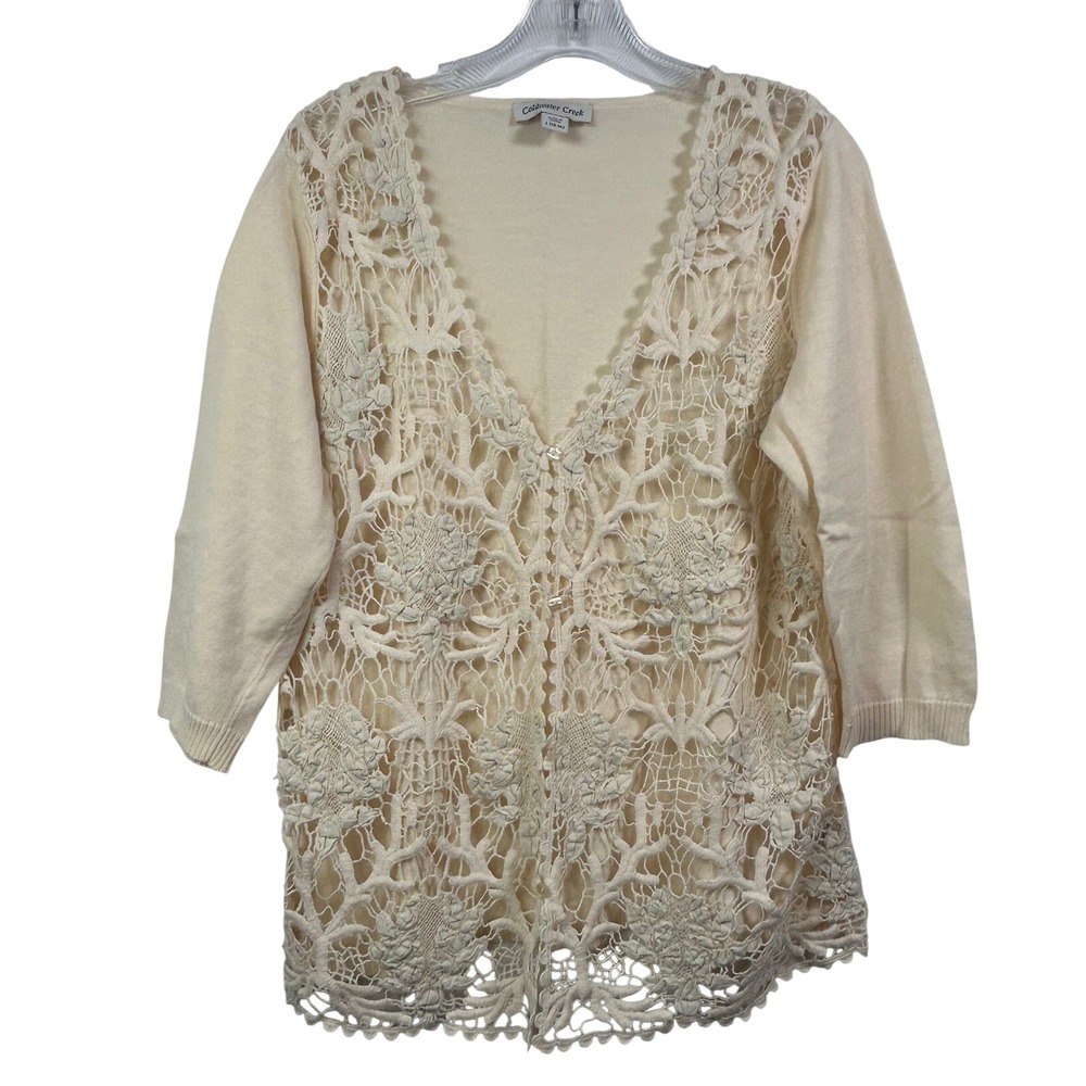 Coldwater Creek Floral Lace Cardigan Cream Ramie Cotton V-Neck 3/4 Sleeve Large